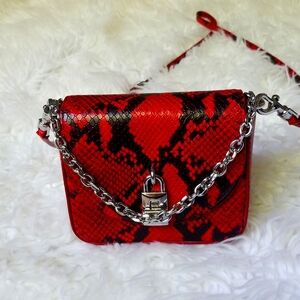 Rebecca Minkoff Red Snakeskin Crossbody Bag with Silver Chain